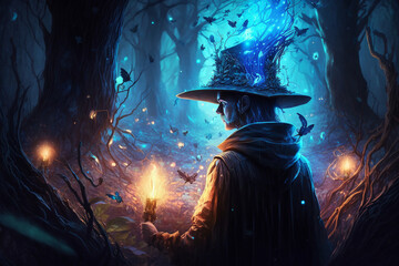 Poster - Blue scary Fantastic wizard making spells in the forest. Creative vector illustration design character. Magic and wizardry. Ai generated