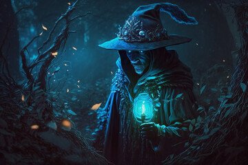Wall Mural - Blue scary Fantastic wizard making spells in the forest. Creative vector illustration design character. Magic and wizardry. Ai generated