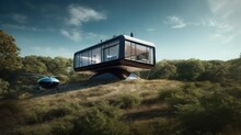 Revolutionary Zero-Gravity House: Magnetically Suspended & Eco-Friendly, Powered By Solar Panels & Wind Turbine, Generative AI