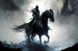 Demonic knight Apocalyptian knight rushes into battle on a demonic horse with ghostly cavalry. Generative AI	