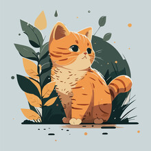 Minimalistic Illustration Of A Cat Sitting Near A Plant