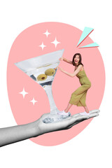 Poster - Vertical collage artwork poster young woman stay huge hand push vermouth glass alcohol shot drink party bar isolated on white pink background