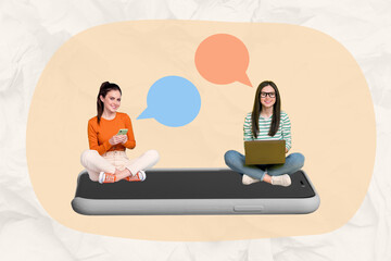 Canvas Print - Creative concept template sketch photo collage of two young people friends siting on smartphone chatting isolated on painting background