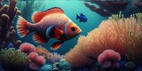 Fototapeta Do akwarium - tropical fish and marine corals at the bottom of the sea, generative ai