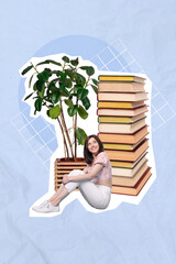 Sticker - Composite photo collage artwork of young clever woman sitting near much books interior houseplant decoration isolated on blue plaid background