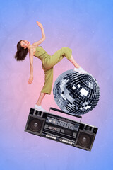 Sticker - Party invitation concept photo collage of youngster relaxed lady wear casual outfit have fun retro discoball music player isolated on blue background