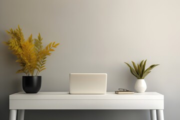 Canvas Print - A simple workspace with a white wooden table and a blank laptop is seen from the left. Generative AI