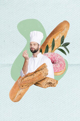 Poster - Vertical collage image of cook man hand show italian gourmet gesture fresh baked bread baguette glazed donut plant leaves