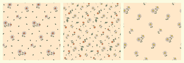 Seamless floral pattern with small line art plants in the set. Cute minimal design with tiny plants: pretty chamomile, mini flowers, leaves in an abstract arrangement on a light background. Vector.