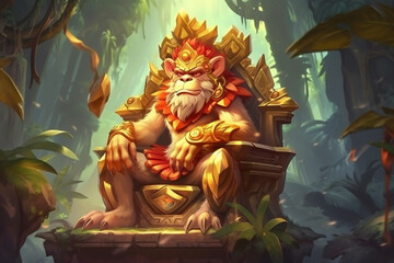 King monkey in the jungle or forest with powerful angry look. Hindu or hinduims monkey god concept representation. Dominating primate chimp character. Ai generated