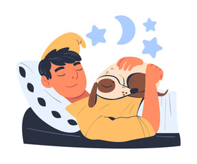 Poster - Young Man Character Sleeping with His Favorite Dog Pet Cuddling on His Chest in Bed Vector Illustration