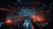 Night-time Cyberspace Symphony: Futuristic Factory Of The Future With HUID Interfaces And ChatGPT Algorithms Illuminated By Neon Lights, Generative AI
