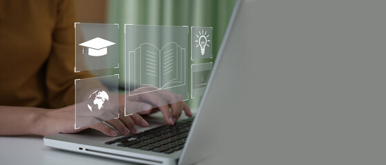 Fototapete - young woman with learning language during online courses using netbook. Distance learning online education. e-learning webinar on internet for personal development and professional qualifications.