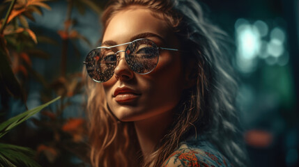 Beautiful woman in sunglasses that reflect marijuana leaves created with generative AI technology