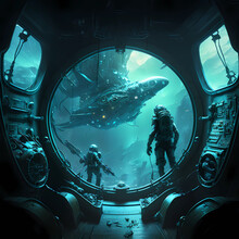 Divers Inside The Submarine Under The Sea