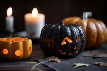 Canvas Print - Black Halloween pumpkin with a white interior and blazing candles. Generative AI