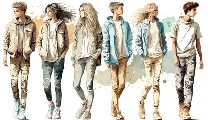 Wall Mural - young people stand in line, summer streatwear fashion show, watercolor illustration. Generative AI