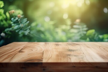 Canvas Print - View of a tabletop made of finely constructed timber with hazy green greenery behind it for contrast. Generative AI