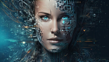 Wall Mural - Futuristic cyborg woman face with digital circuit. Generative AI