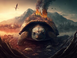 Cover page with portrait of huge galapagos turtle at ecological disaster on background with copy space. Species extinction with habitat destruction concept illustration. Generative AI