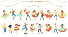 Set Of Happy People Dancing At Brazil June Festival, Festa Junina Folklore Party Cartoon Vector Illustration