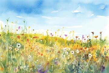 Field of wildflowers in the sunshine with a clear blue sky overhead. Watercolor Painting. Generative AI