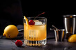 Whiskey sour cocktail with ice in glass on a black background. Aperitif on a dark background. Generated AI