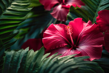 Wall Mural - A beachy backdrop of palm leaves and hot pink hibiscus blooms