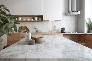 Wall Mural - Close up of a marble table top in a white modern kitchen with built in cabinets and a counter. Interior of a showcase cooking room mockup. Generative AI