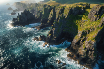 Wall Mural - The jagged cliffs and rugged coastline are a stunning sight from an aerial view in the summertime