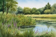 Peaceful Pond Surrounded By Tall Grasses And Blooming Flowers. Watercolor Painting. Generative AI