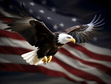 American Bald Eagle Flying With American Flag In Background.  Generative Ai