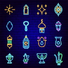 Poster - Ramadan Kareem Neon Icons. Vector Illustration of Isslamic Holiday Symbol.