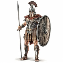 Spartan Warrior In Armor With Weapons And Shield Isolated On White Close-up, Ai Generative