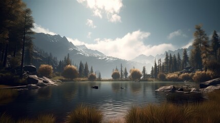 Landscape with a Mystery Lake Surrounded by Mountains and Lush Forest - Realistic Expansive Nature Scenery generated by ai