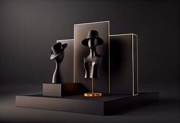 Fashion product background and stand black podium display with blank backdrops. Generative AI