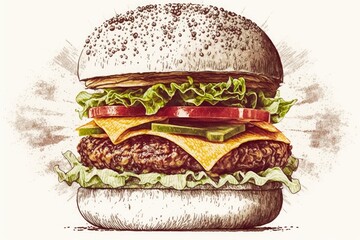 Wall Mural - Fresh burger with cutlet and cheese and vegetables. Generative ai.