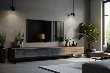 Canvas Print - Create a mockup of a wall mounted TV in a dim space with a concrete wall. Generative AI