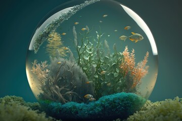 Abstract biosphere in a bubble. Ecosystem in a fish bowl. Environmental background wallpaper with fish and coral.