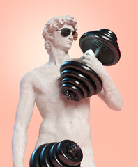 Statue of David by Michelangelo with dumbbells and sunglasses. 3d rendering