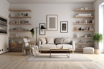 Interior of a light modern living room with a beige sofa, coffee table, bookshelf, and two blank wall posters. hardwood flooring Household library design. Generative AI