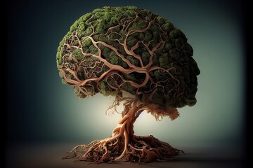 the green the human brain in the form of a tree isolated on dark green background