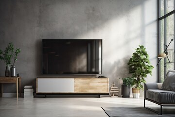 Wall Mural - In the living room, a stand alone TV is empty. Generative AI