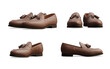 Brown leather tassel loafer shoes from different angles isolated on transparent background. 3D rendering
