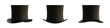 Classic black top hat from different angles isolated on transparent background. 3D rendering