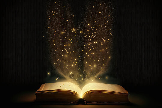 AI generated old magic open glows book with shining sparkling bokeh rays at pages