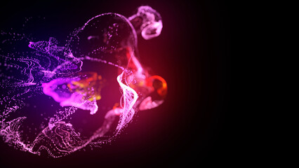 Wall Mural - 3d render. injection of fluorescent ink in water isolated on black background. glow particles or spa