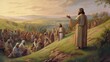 Jesus Speaking to Large Crowd on Hill Inspiring Illustration Generative AI