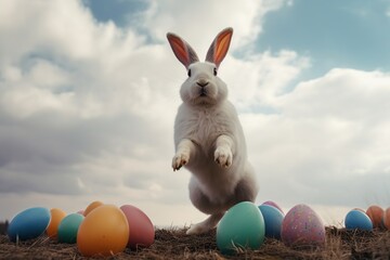 Wall Mural - Huge white easter bunny and colored eggs outdoors made with generative AI