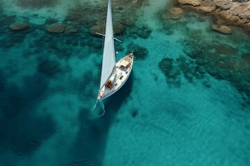 Wall Mural - Aerial view of a luxury sailing boat in clear tropical blue water. Generative ai